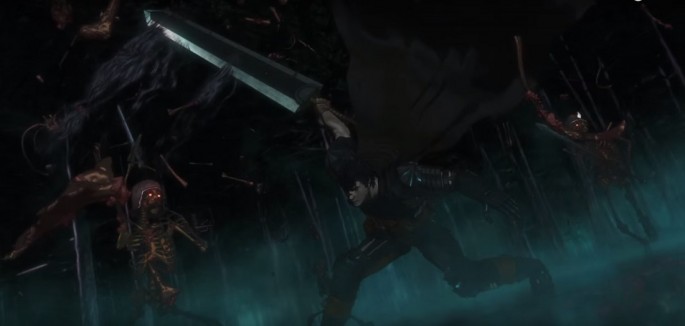 The first promotional video for the new "Berserk" anime was revealed at NBC's winter Comiket, which featured Guts in his 'Black Swordsmen' appearance.