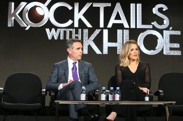Khloe Kardashian talks about "Kocktails With Khloe" with President & CEO of Pilgrim Media Group Craig Piligian during a press interview.