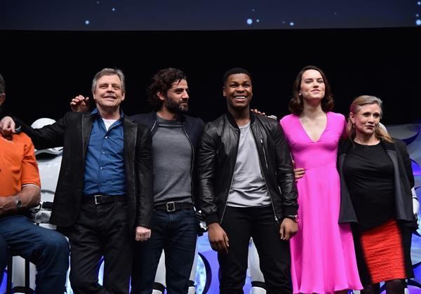 Mark Hamill, Oscar Isaac, John Boyega, Daisy Ridley and Carrie Fisher speak onstage during Star Wars Celebration 2015 on April 16, 2015 in Anaheim, California. 