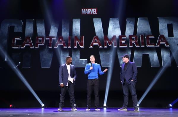 Anthony Mackie, Chris Evans and Marvel Studios President Kevin Feige introduce "Captain America: Civil War" at Disney's D23 EXPO 2015.