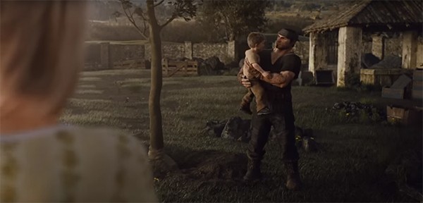 Marcus Fenix holds his son, JD Fenix in a memory sequence.