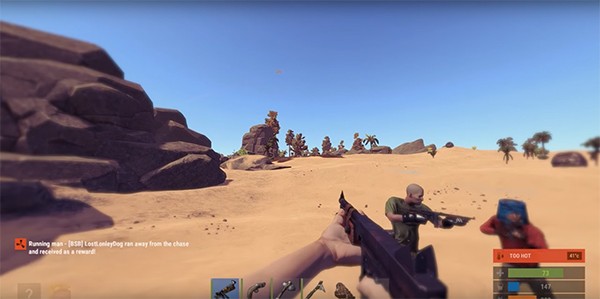 In-game screenshot of a desert area of "Rust" while travelling to another section of the map.