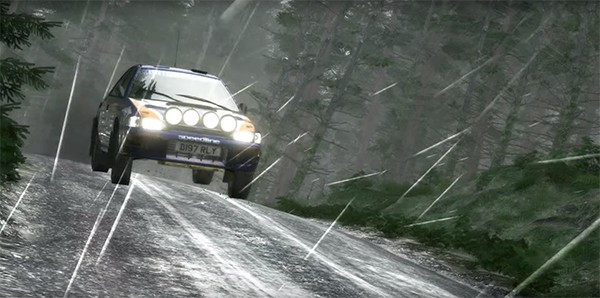 An in-game screenshot of a "DiRT Rally" vehicle on the road.