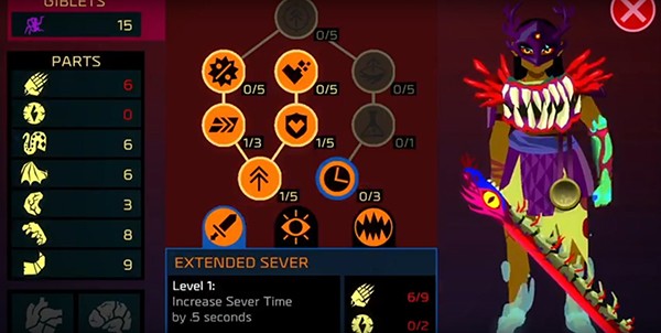 A in-game screenshot of "Severed's" character menu where players can upgrade skills and armor.