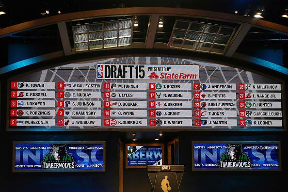 A displays of the first 30 first round picks of the 2015 NBA Draft at the Barclays Center.