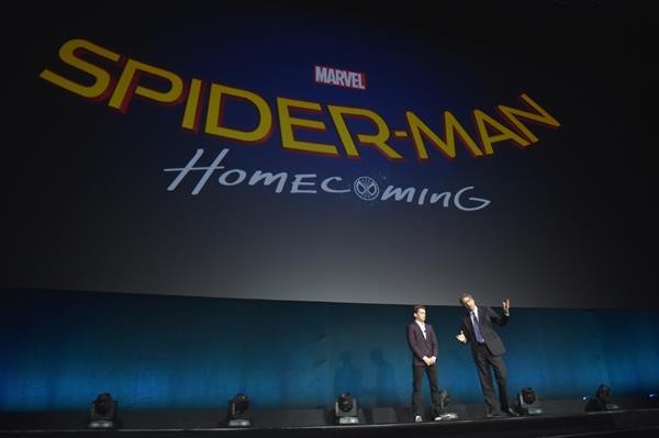 Tom Holland with Sony Pictures Chairman Tom Rothman presented "Spider-Man: Homecoming" at CinemaCon on April 12. 