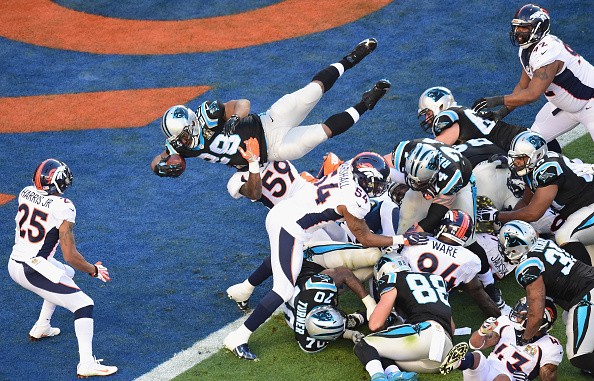 Jonathan Stewart of the Carolina Panthers scores a touchdown against the Denver Broncos.
