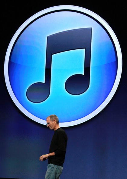 Apple CEO Steve Jobs stands in front of the new iTunes logo as speaks during an Apple Special Event at the Yerba Buena Center for the Arts Sept. 1, 2010 in San Francisco, California