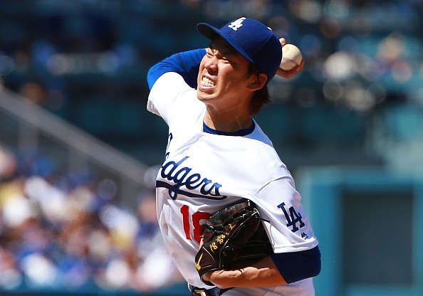 Kenta Maeda of the Los Angeles Dodgers pitches in the fourth inning during the MLB game against the Arizona Diamondbacks.