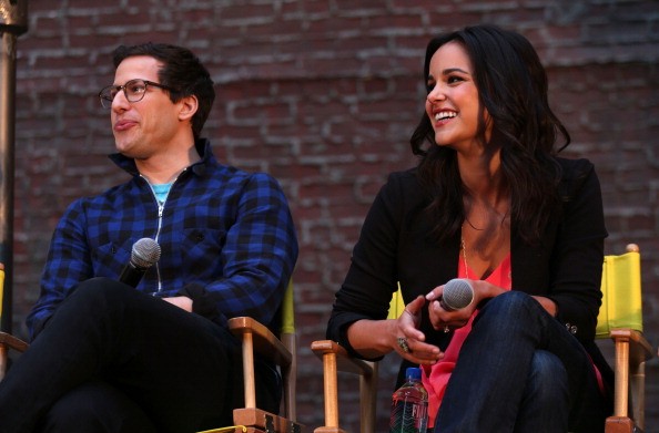 Andy Samberg and Melissa Fumero are present during the "Brooklyn Nine-Nine" steak-out block party and special screening event.