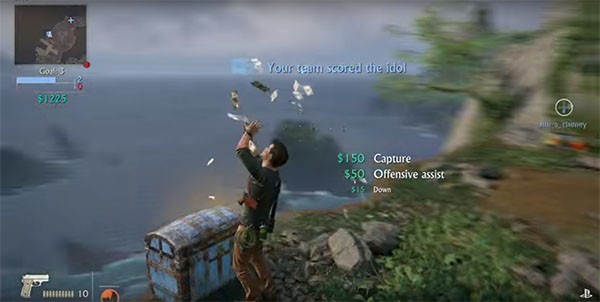 "Uncharted 4" character does a victory pose as his team wins Plunder mode.