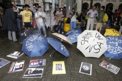 Protesters gather in Charter Garden at the start of the protest rally to support Edward Snowden, a former CIA employee accused of leaking details of top-secret US surveillance of phones and internet, on June 15, 2013, in Hong Kong.