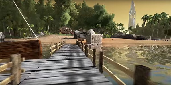 "ARK: Survival Evolved" player travels through a pier on The Center map mod.