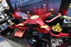 The Ghost Aeromaster quadcopter drone for aerial photography is displayed at the Thunder Tiger Group booth at CES 2016 at the Las Vegas Convention Center on Jan. 7, 2016 in Las Vegas, Nevada. 