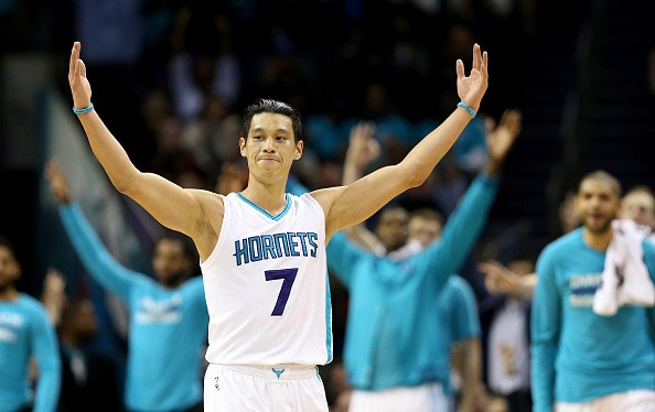 Jeremy Lin of the Charlotte Hornets reacts after making a basket against the San Antonio Spurs.