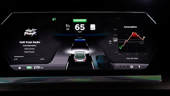 The dashboard of Tesla 'D' model electric sedan is seen on a giant screen in 2014.  