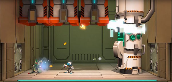 "Mighty No. 9" protagonist fights against a shielded enemy.