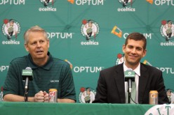 Boston Celtics President of Basketball Operations Danny Ainge and head coach Brad Stevens in front of the media.