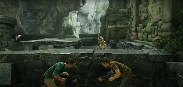 "Uncharted 4" protagonist Nathan Drake and companion hide from enemy gunfire.